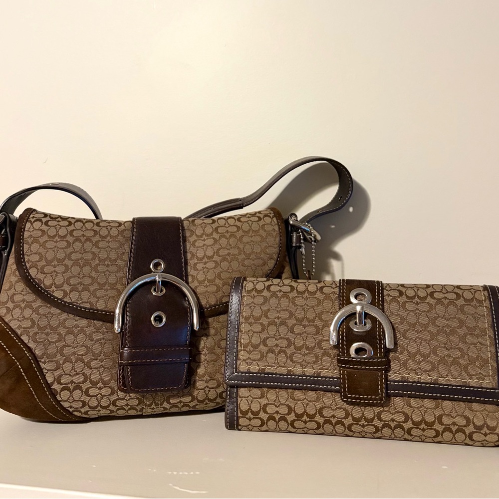 Coach Small Vintage Soho in Signature Brown Suede & Wallet Set